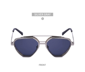 Front view of silver gray steampunk sunglasses with hollow mesh metal frame texture