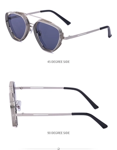 Steampunk sunglasses with silver metal frames and side mesh shields shown in side views