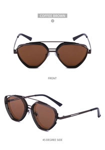 Detail view of coffee brown steampunk sunglasses with metal side shields and dual bridge