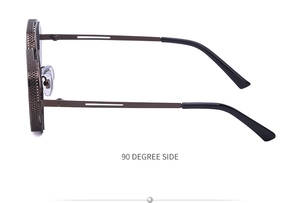 Detail view of steampunk hollow metal frame and temples of retro sunglasses
