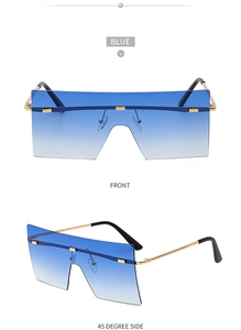 Vues de face et de côté de lunettes de soleil carrées avec verres dégradés bleus et or