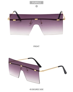 Détails des lunettes de soleil sans monture dégradé violet et monture dorée