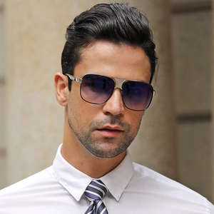 Classic gold metal square aviator sunglasses with blue-purple gradient lenses on a male model