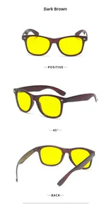 Three-angle views of dark brown polarized sunglasses with yellow night vision lenses