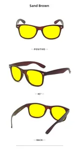 Detailed views of sand brown frame sunglasses with yellow lenses and rivet accents