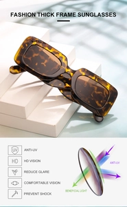 Detail of tortoise shell thick frame sunglasses highlighting Anti-UV and HD Vision lenses