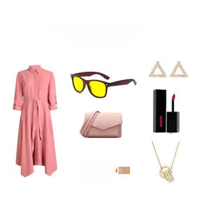 Flat lay of stylish accessories with square brown sunglasses and pink fashion attire