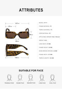 Detailed size specifications for vintage tortoise shell square sunglasses with PC frame
