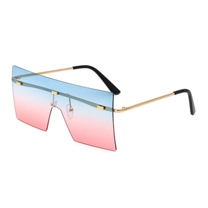 Lunettes de soleil sans monture avec verres dégradés bleu et rose et branches dorées