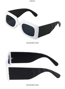 Close-up detail of retro white square sunglasses with chunky temples and dark lenses