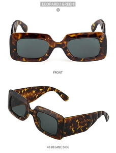 Front and 45-degree side views of leopard print rectangular sunglasses with green lenses