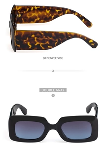 Detail view of rectangular sunglasses showing 90-degree side profile and double gray lenses