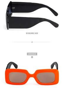 Detail showing the 90-degree side view of black and orange thick-frame sunglasses