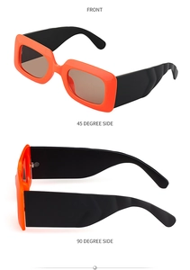 Three-angle view of orange rectangle sunglasses showing front and side profile details
