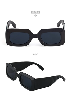 Front and side view of trendy black thick frame rectangular sunglasses with dark lenses