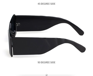 Side view detail of trendy black chunky square sunglasses showing temple thickness