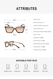 Size chart for square frame sunglasses with detailed lens and frame measurements