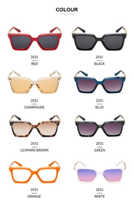 Collection of square sunglasses with gold chain detail on temples in 8 colors