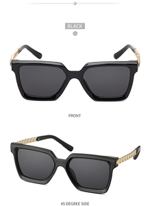 Dual view of black square sunglasses with textured gold metal temples and V logo