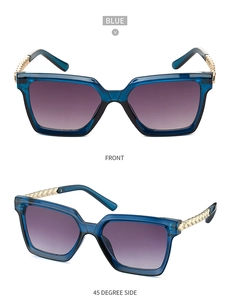 Detail of blue square sunglasses with elegant gold chain woven temples and gradient lenses