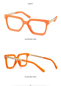 Orange square frame sunglasses with gold textured temples shown in multiple angles