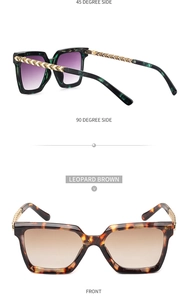 Detail view of square leopard brown sunglasses and green marble frame with gold hinge decor