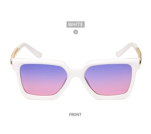 Detail of white square frame sunglasses with gradient purple lenses and gold chain temples