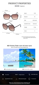 Detailed technical specifications and size chart for oversized square frame sunglasses
