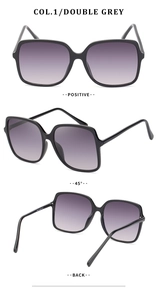 Three perspectives of oversized square sunglasses featuring black frames and grey gradient lenses