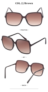 Three-view set of large square sunglasses with brown gradient lenses and dark frames