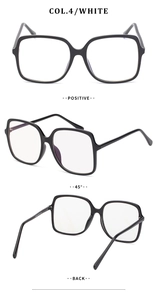 Three-way view of oversized black square sunglasses frame with clear lenses in high detail