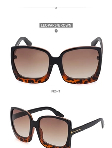 Vorder- und Seitenansicht der übergroßen quadratischen Sonnenbrille mit Leo-Muster und Gläsern
