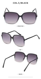 Three-view layout of oversized square sunglasses with purple gradient lenses and black frames