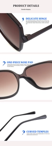 Detail of oversized sunglasses showing reinforced metal hinges and ergonomic nose pads