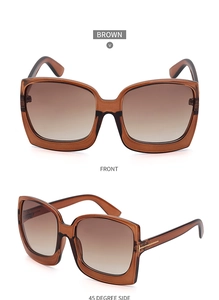 Detailansicht der braunen quadratischen Sonnenbrille mit goldenem T-Metallscharnier