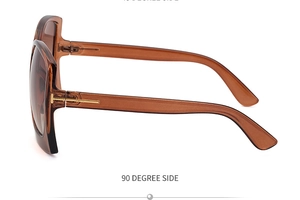 Makro-Seitenansicht der Bernsteinsonnenbrille mit goldenem T-förmigem Metallscharnier