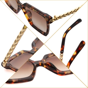 Fashionable tortoise shell square sunglasses with golden arrow chain temples and brown lenses