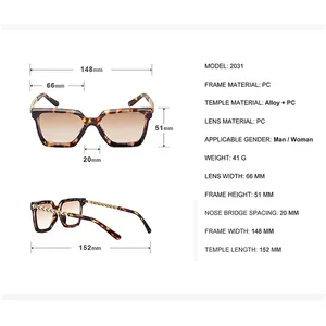 Size chart for oversized square tortoise sunglasses with gradient lenses and metal temples