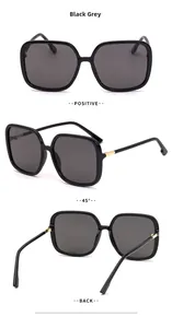 Three-view display of black square oversized sunglasses with gold metal accents