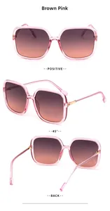 Three-angle view of oversized square sunglasses with transparent pink frames and gradient lenses