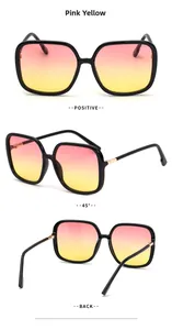 Detailed multi-angle views of oversized square sunglasses with pink-yellow gradient lenses