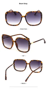 Three-view display of demi grey square oversized sunglasses with gradient purple lenses