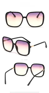 Three-view display of square oversized sunglasses with purple gradient lenses and gold hinge