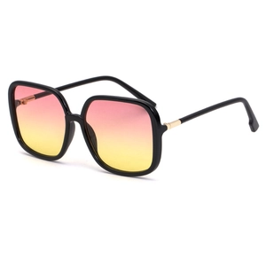Chic oversized square sunglasses with black frame and pink-yellow gradient lenses