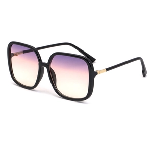 Fashionable oversized square sunglasses with black frame and purple gradient lenses