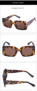 Three views of leopard print square sunglasses featuring metal rivet accents and brown lenses