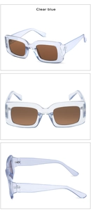 Three-way view of clear blue rectangular sunglasses with brown lenses and metal hinges