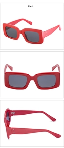 Three-angle views of red rectangular sunglasses featuring wide temples and dark lenses