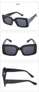Three views of retro black square sunglasses featuring thick frames and silver rivet accents