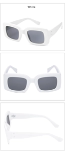 Three views of trendy white rectangular sunglasses with dark lenses from multiple angles